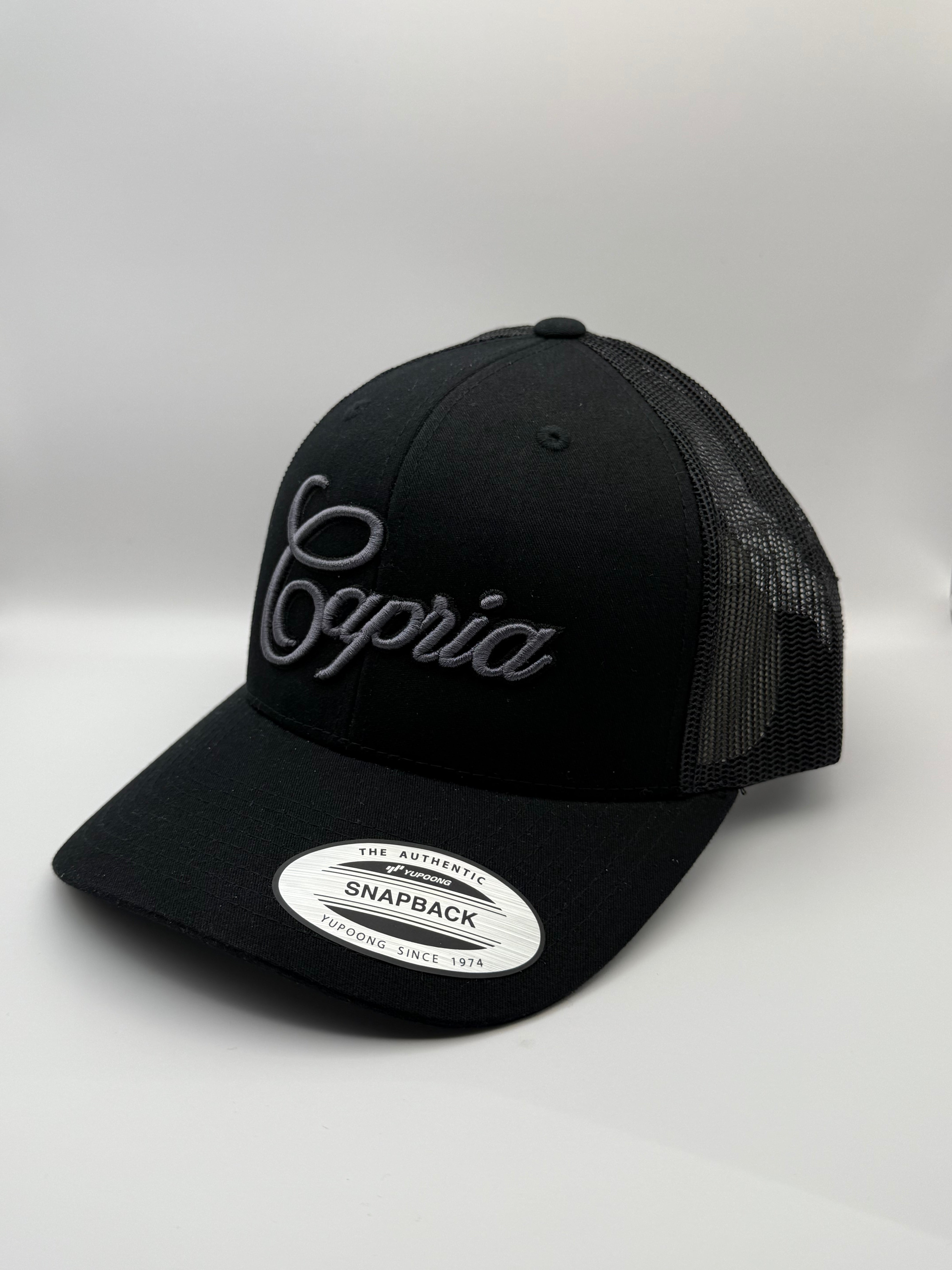 Black cap with 'Capria' branding on a white background